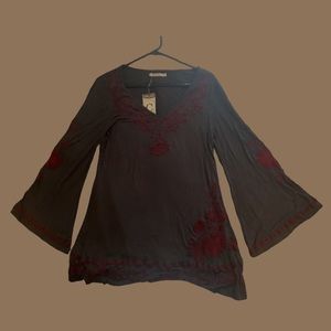 Caite Anthropologie Floral Embroidered Tunic Top Asymmetrical Bell Sleeve Blouse